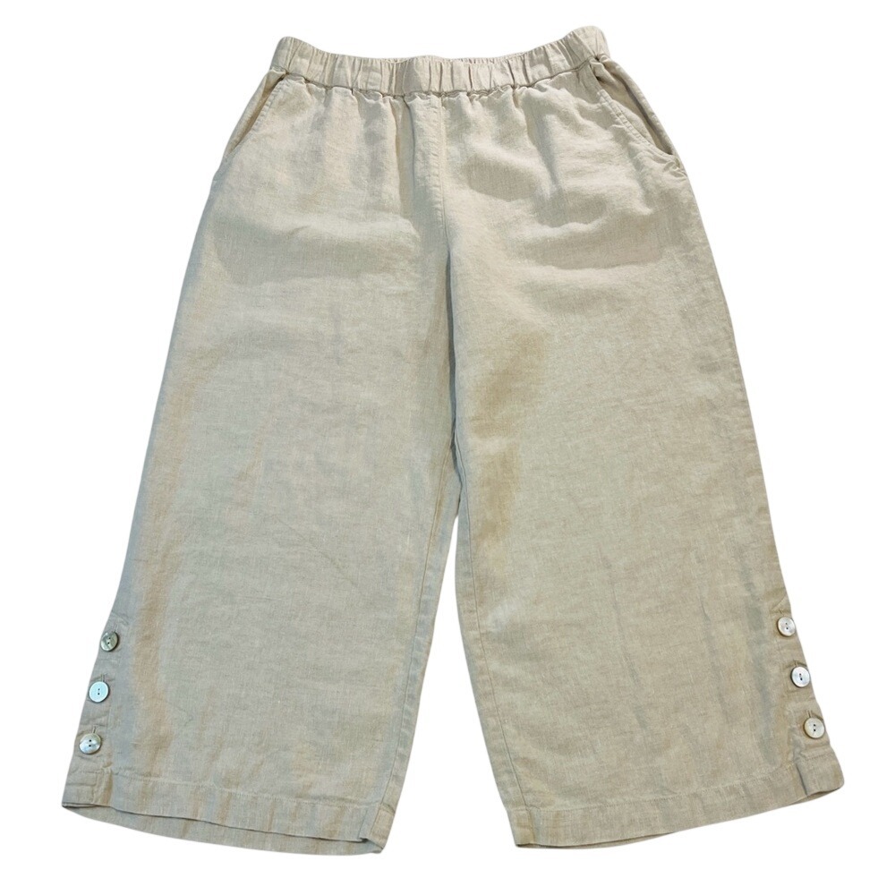 ALI MILES 100% Linen Wide Leg Capri‎ Pants for Women, Cream Color, Size Large